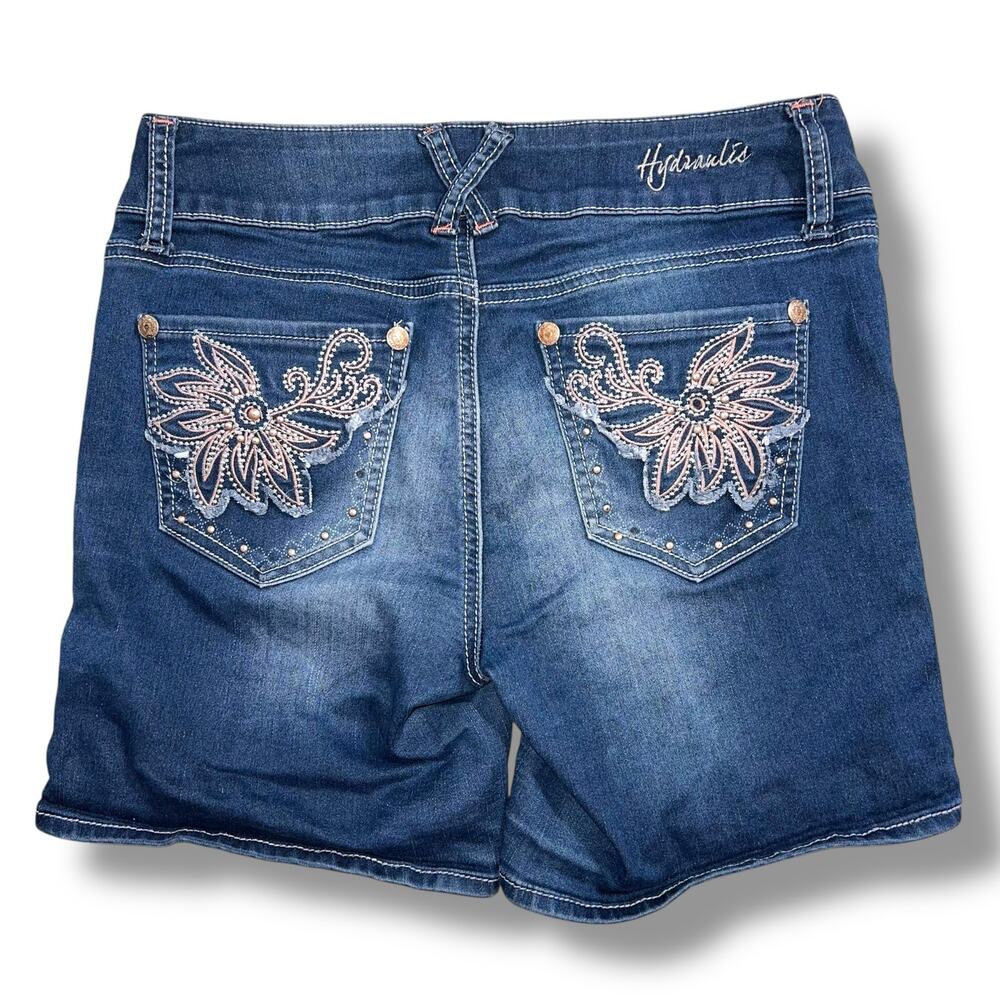 Hydraulic Womens Lola Curvy Denim Blue Jean Shorts Dark Wash Studded Pockets 7 8 - Picture 5 of 10